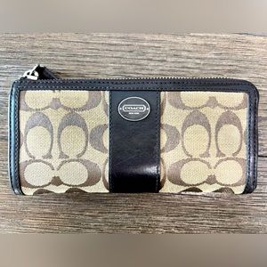 COACH Legacy Khaki Mahogany Logo Print Signature Slim Zip Wallet